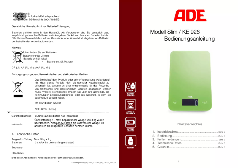 Page n°1 - Manuel utilisateur ADE Slim KE 926