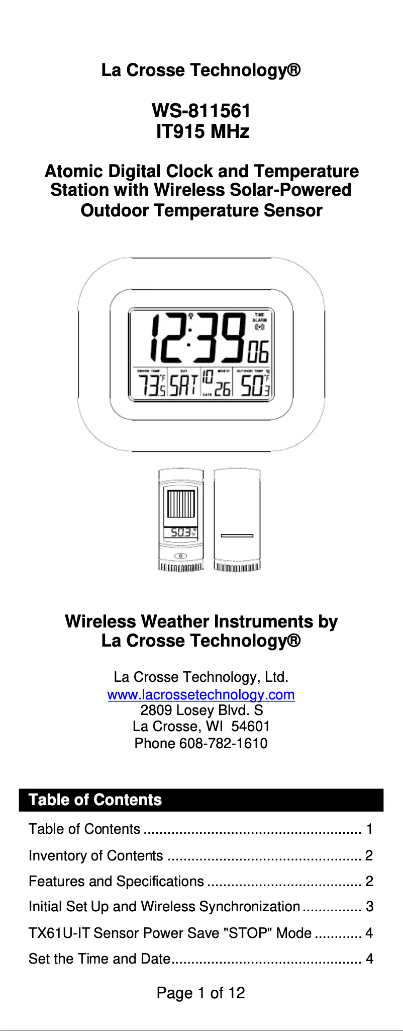 Page 1 de la notice Manuel utilisateur La Crosse Technology WS-811561-W