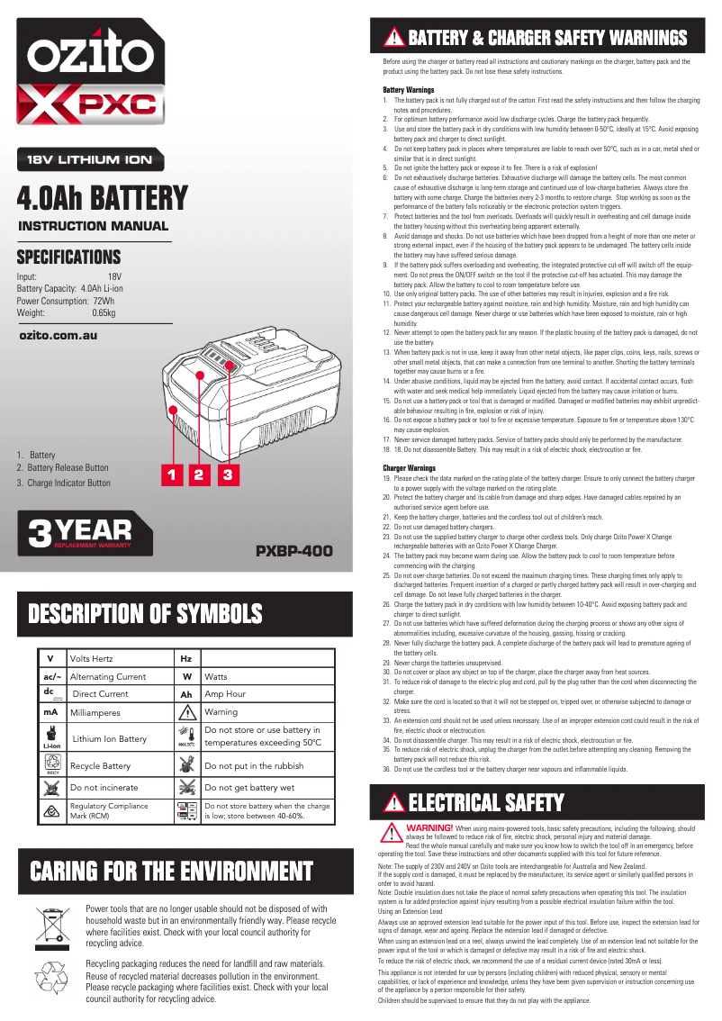 Page 1 de la notice Manuel utilisateur Ozito PXBC-800C