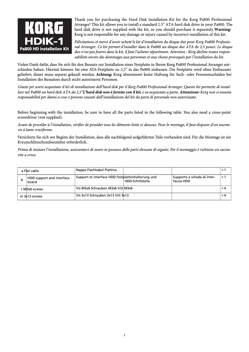 Page 1 de la notice Guide d'installation Korg Pa800