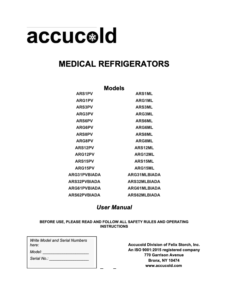 Page n°1 - Manuel utilisateur Accucold ARS15MLDL2B