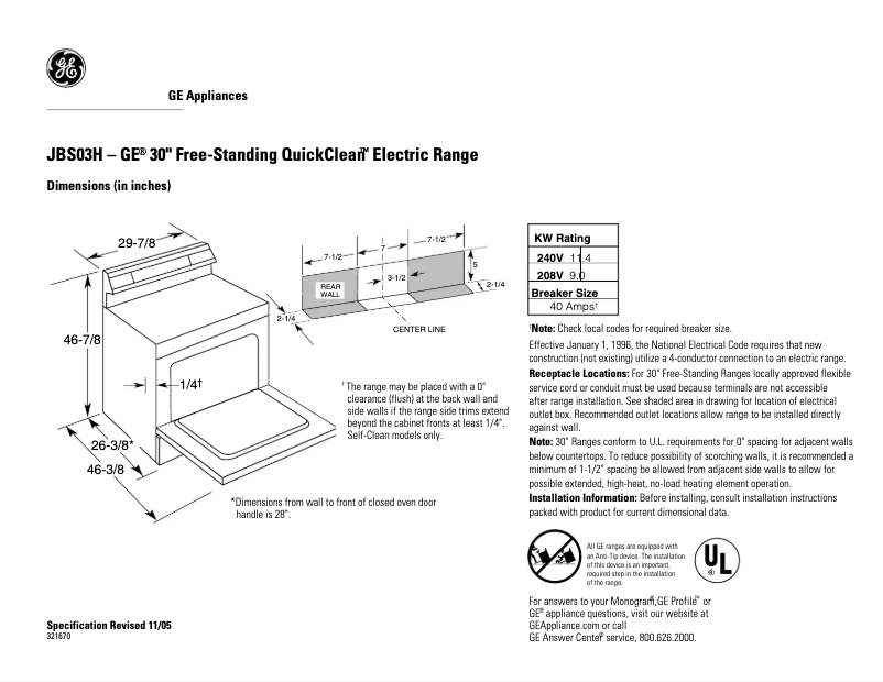 Page 1 of the manual Technical Sheet GE JBS03HWH