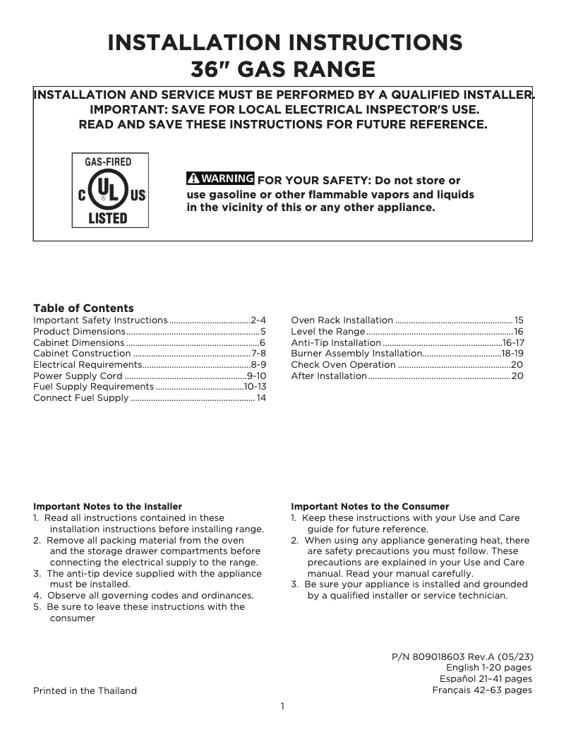 Page n°1 - Guide d'installation Frigidaire GCFG3661AF