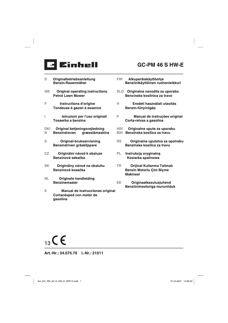 Page n°1 - Manuel utilisateur Einhell GC-PM 46 S HW-E