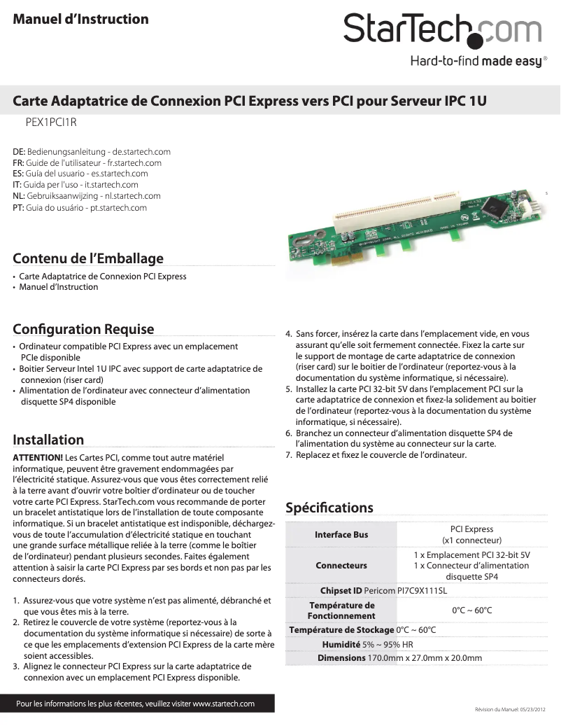 Page 1 de la notice Manuel utilisateur StarTech.com PEX1PCI1R