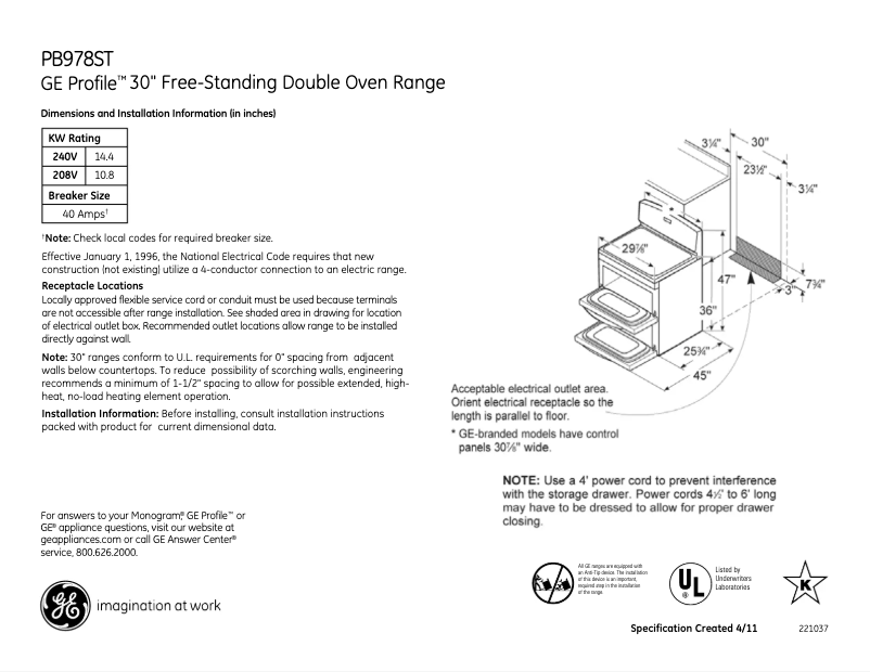 Page 1 of the manual Technical Sheet GE Profile PB978STSS