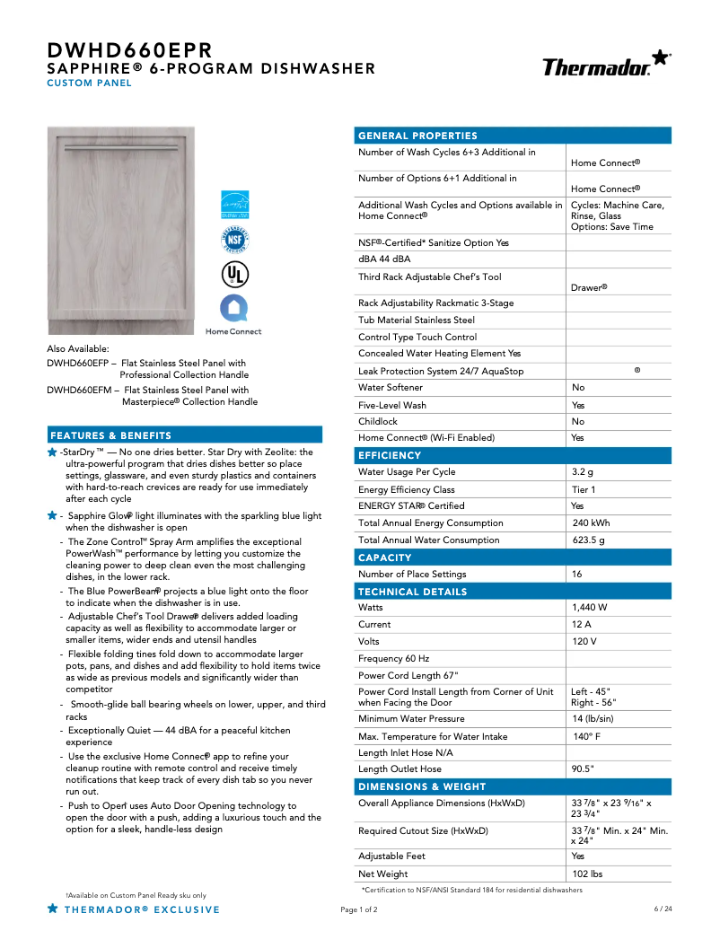 Page n°1 - Fiche technique Thermador DWHD660EPR