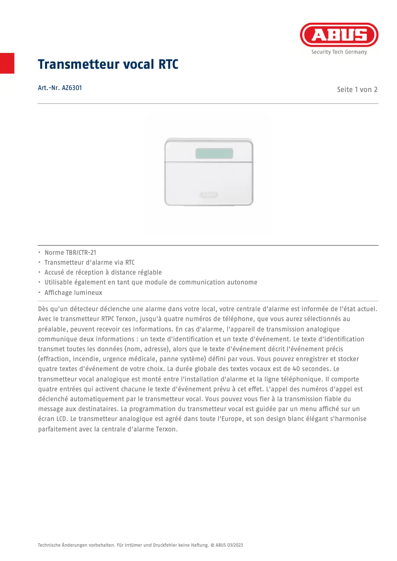 Página 1 del manual Ficha técnica Abus AZ6301