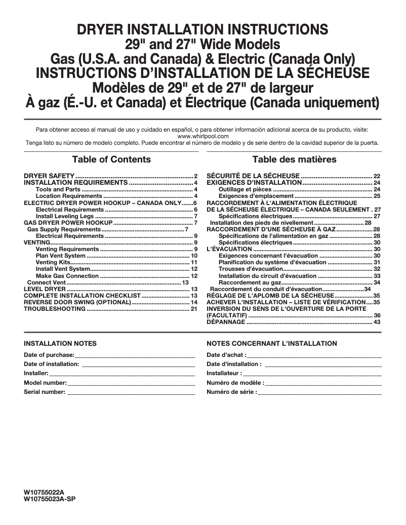 Page n°1 - Guide d'installation Maytag MGDP575GW