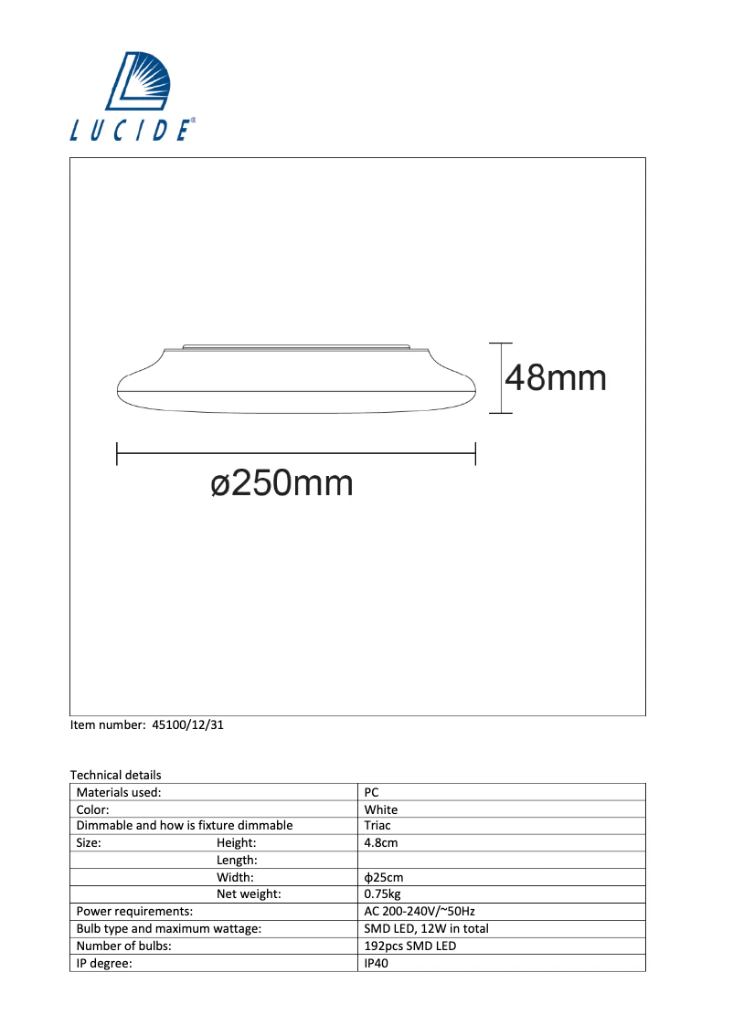Page 1 de la notice Manuel utilisateur Lucide Tosis led 45100/12/31