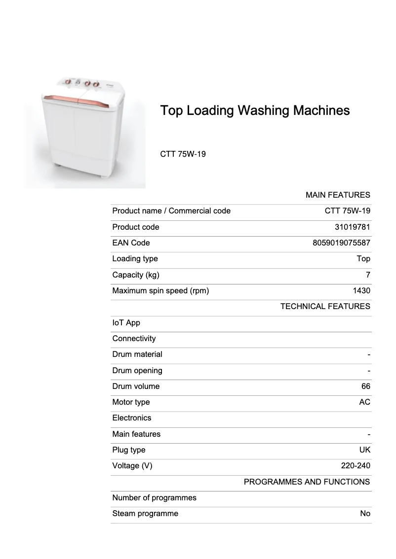 Page 1 de la notice Fiche technique Candy CTT 75W-19