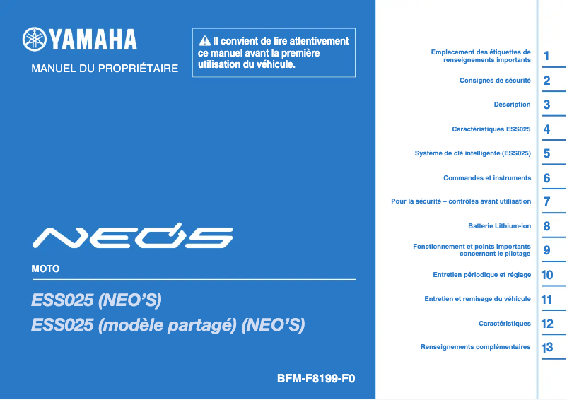 Page 1 de la notice Manuel utilisateur Yamaha NEO's (2022)