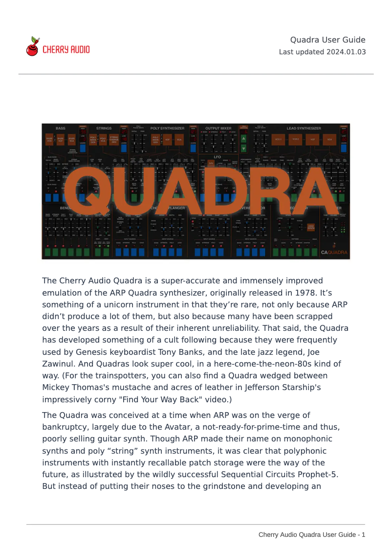 Page 1 de la notice Manuel utilisateur Cherry Audio Quadra