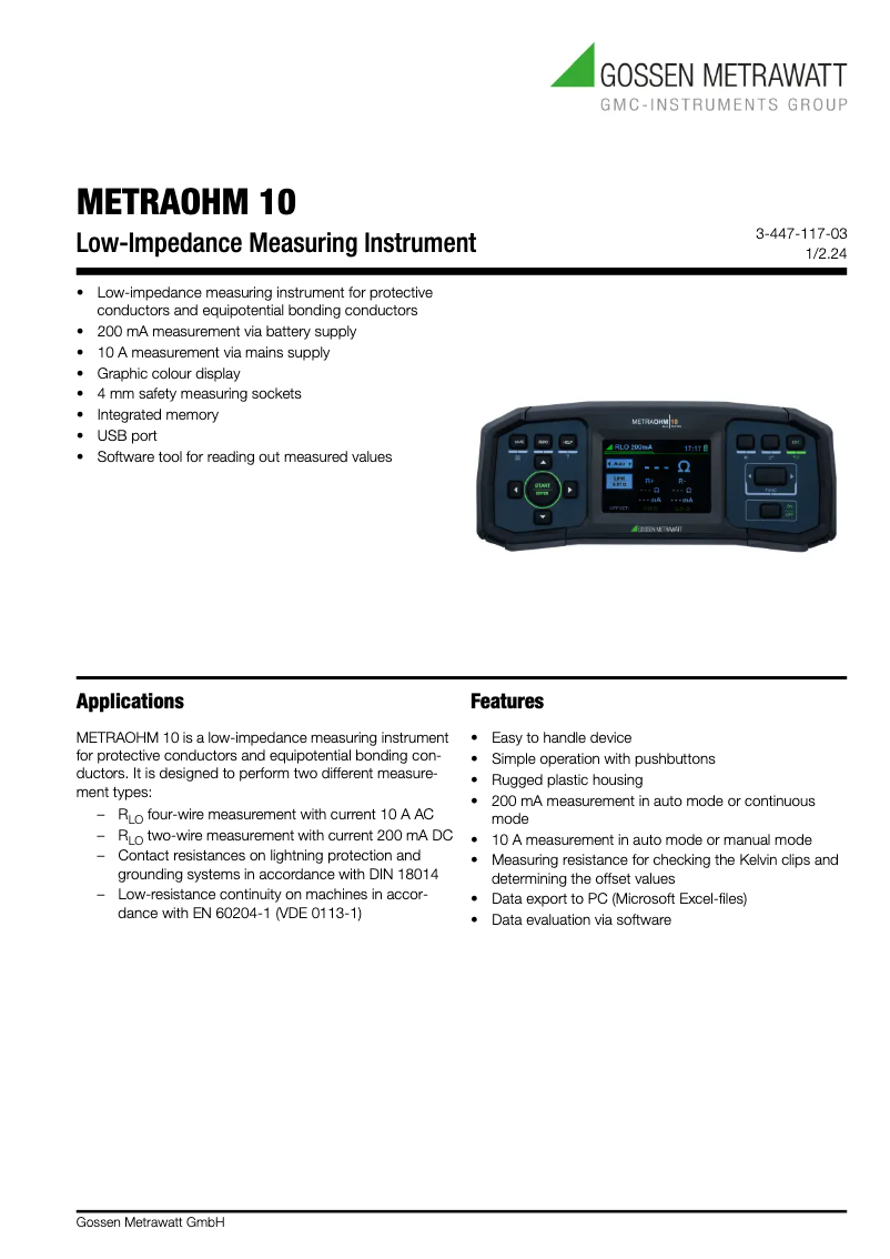 Page 1 de la notice Fiche technique Gossen Metrawatt METRAOHM 10