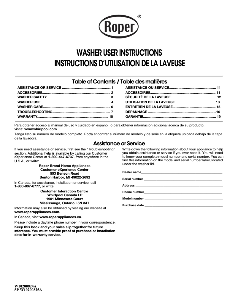 Page 1 de la notice Manuel utilisateur Roper RTW4440VQ