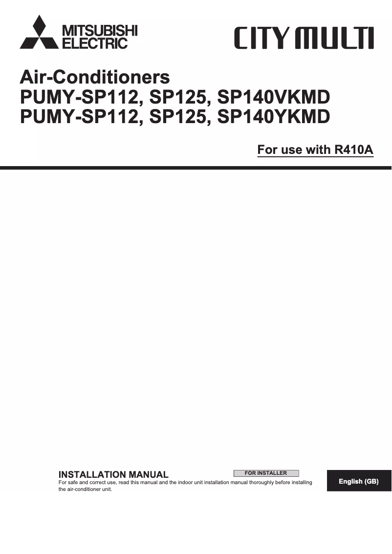 Page 1 de la notice Manuel utilisateur Mitsubishi PUMY-SP125YKMD