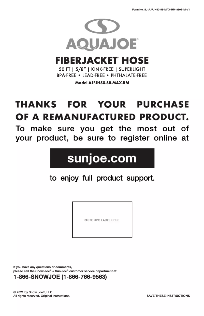 Página 1 del manual Manual de usuario Aqua Joe AJFJH50-58-MAX-RM