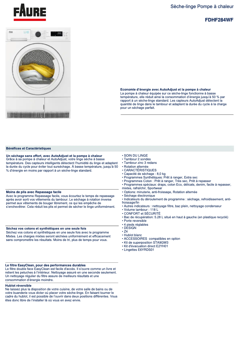 Page 1 de la notice Fiche technique Faure FDHF284WF