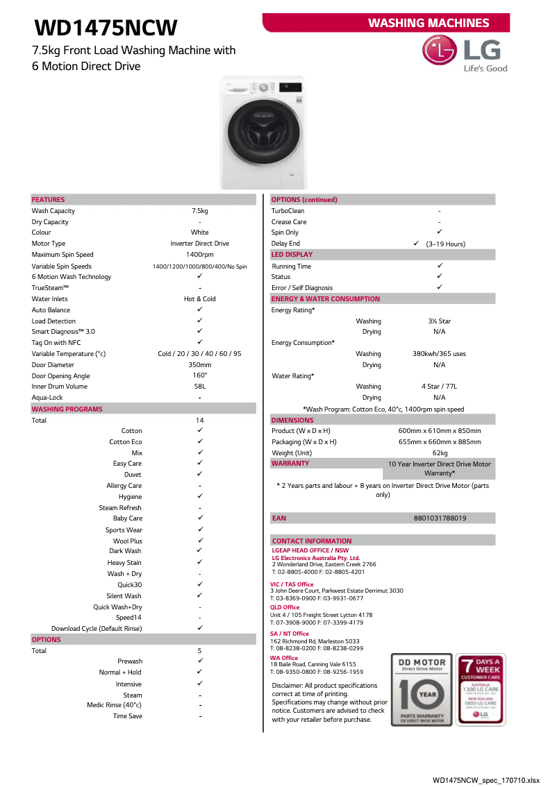 Page 1 de la notice Fiche technique LG WD1475NCW