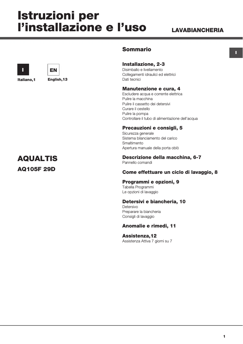 Page n°1 - Manuel utilisateur Hotpoint Ariston Aqualtis AQ105F 29D IT