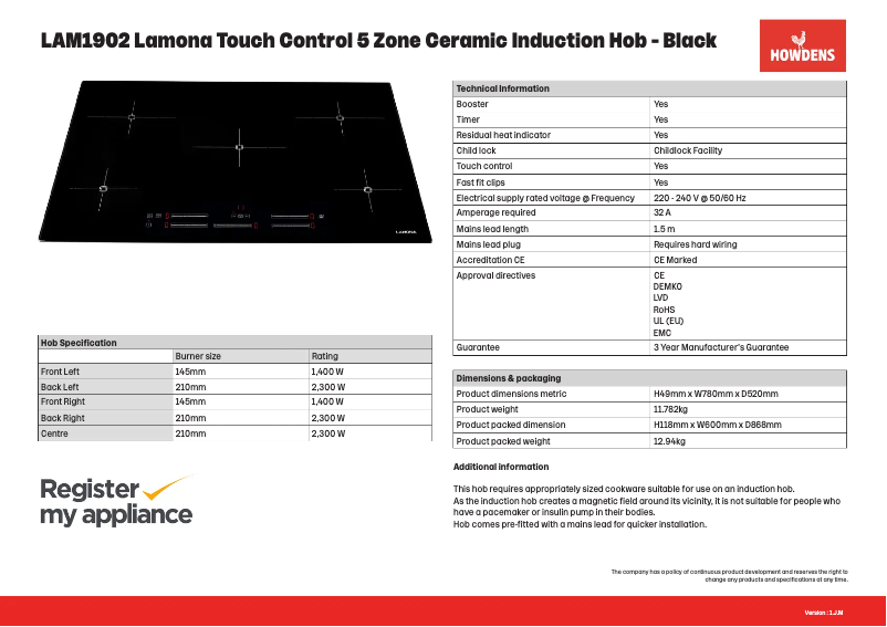 Page n°1 - Fiche technique Lamona LAM1902