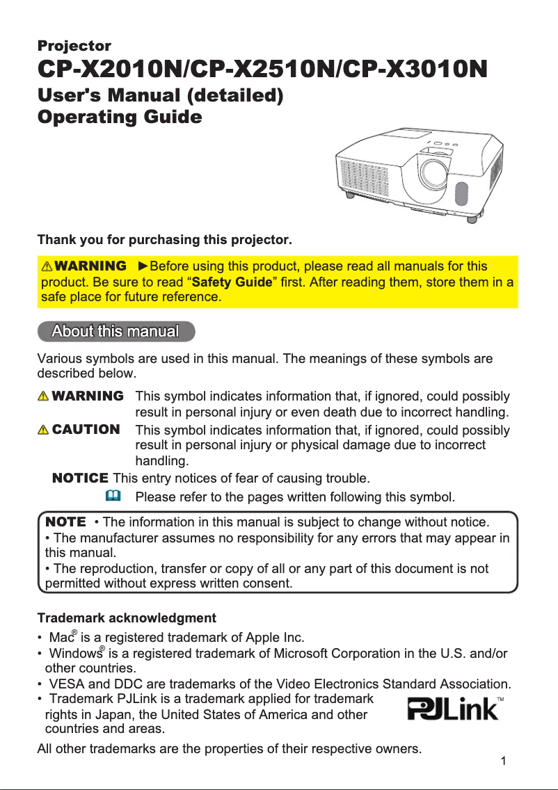 Image de la première page du manuel de l'appareil CP-X2510N