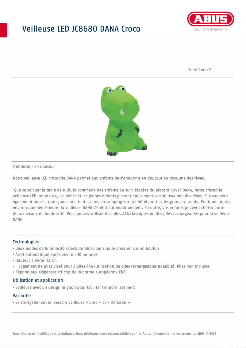 Page 1 de la notice Fiche technique Abus JC8680 DANA