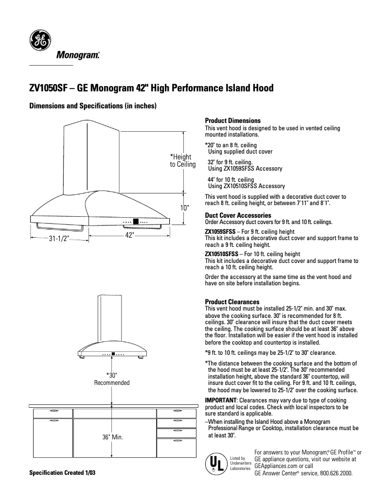 Page 1 de la notice Fiche technique Monogram ZV1050SFSS