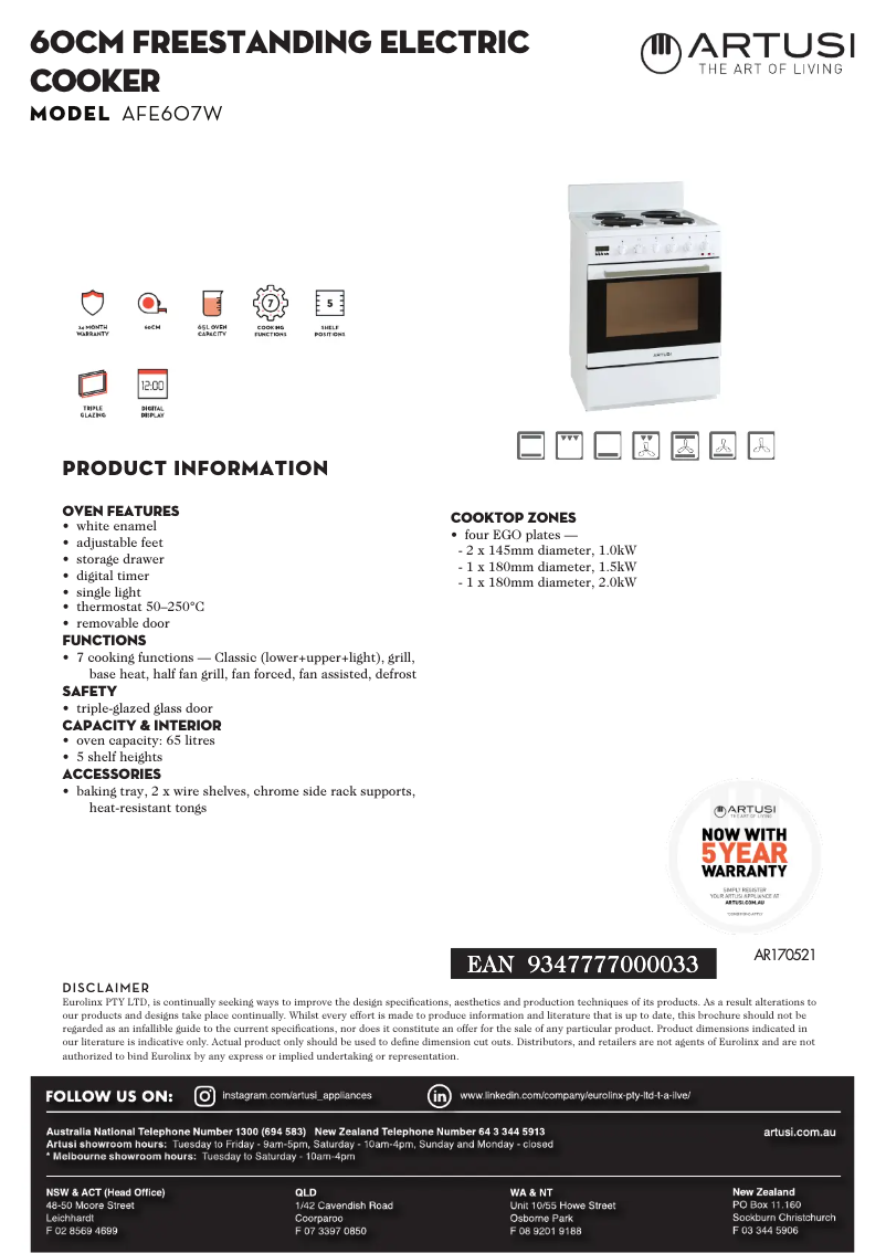 Página 1 del manual Ficha técnica Artusi AFE607W