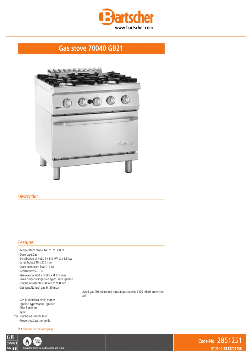 Page 1 de la notice Fiche technique Bartscher 2851251