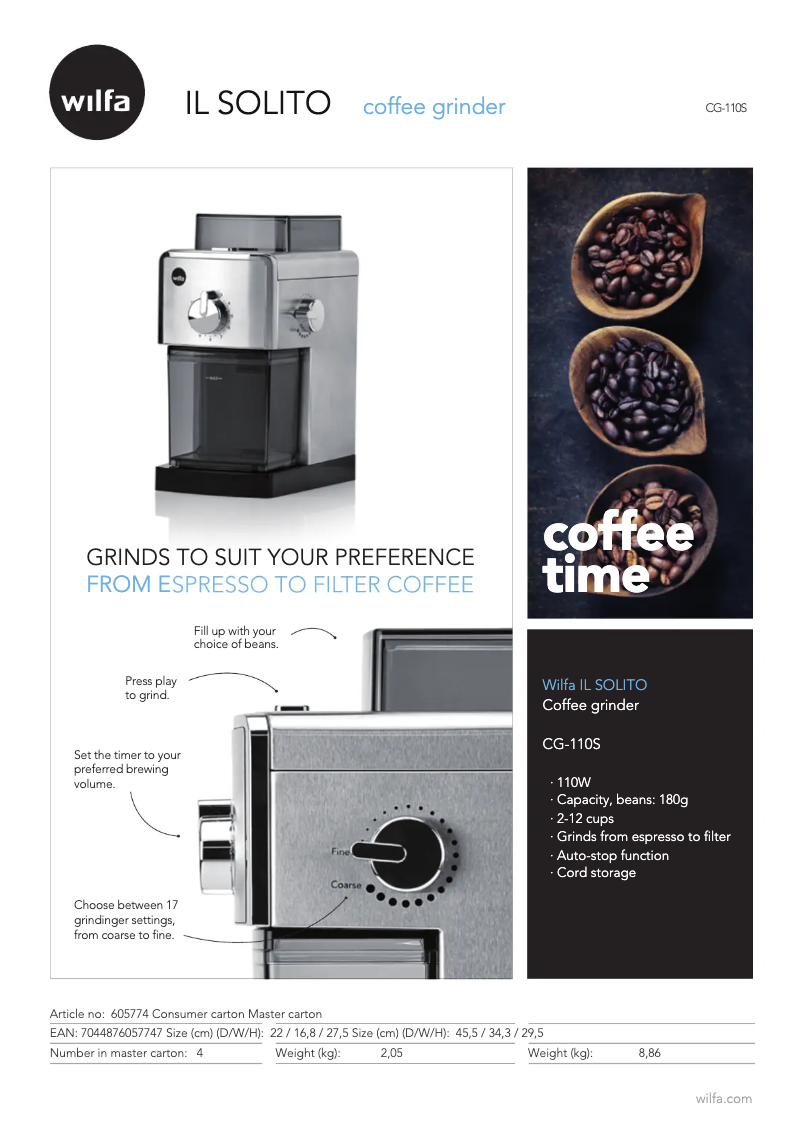 Page n°1 - Fiche technique Wilfa Il Solito CG-110S