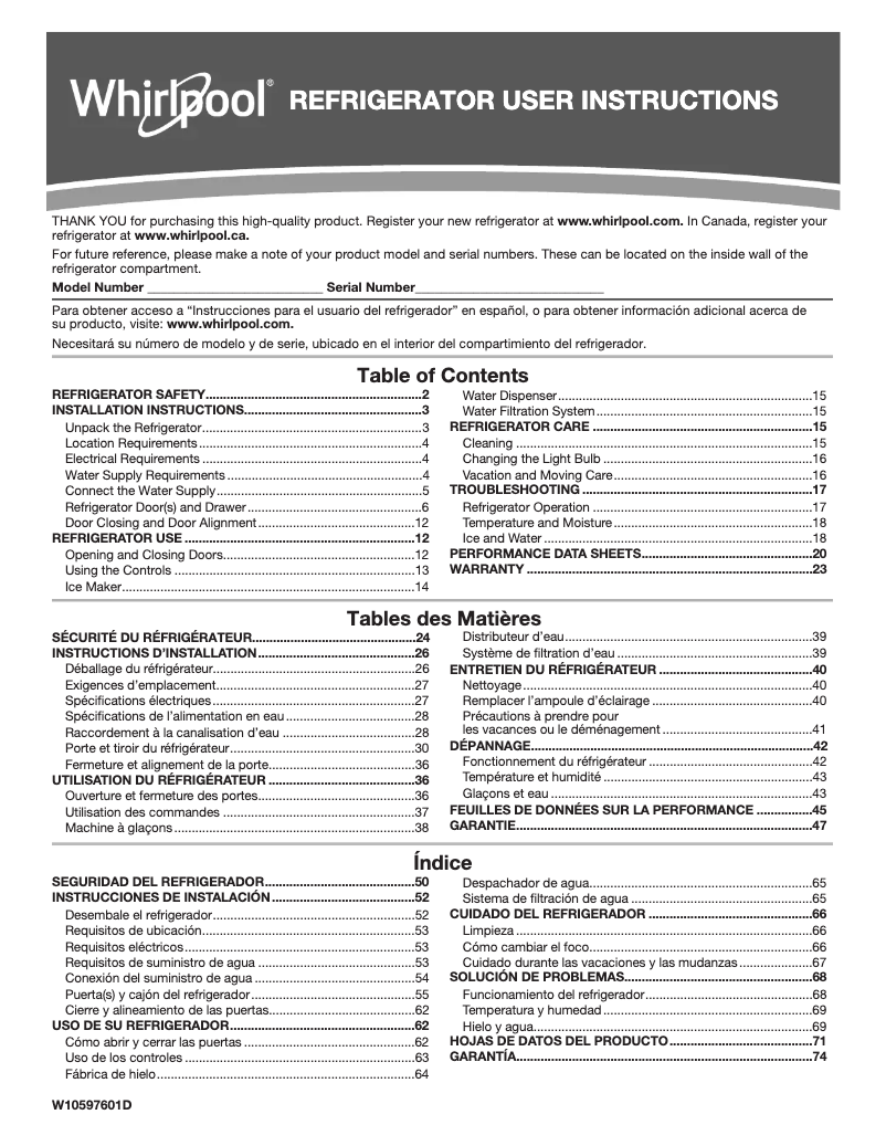 Page 1 de la notice Manuel utilisateur Whirlpool WRF535SWHW