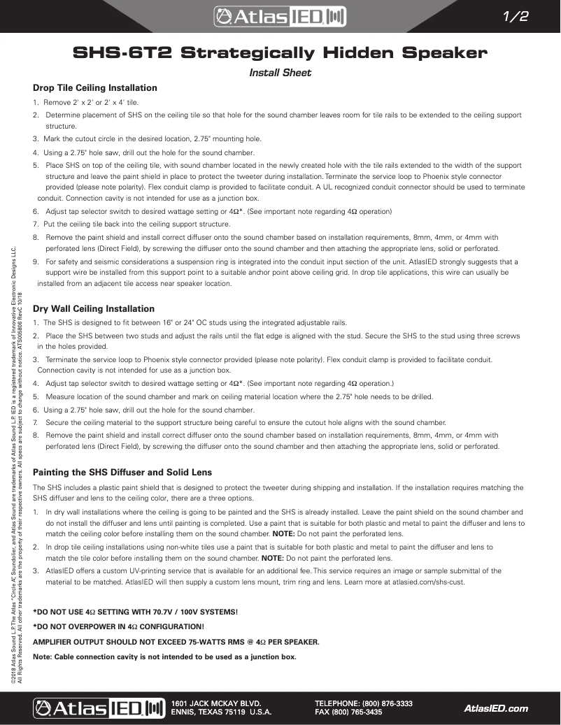 Page 1 de la notice Guide d'installation Atlas Sound SHS-6T2