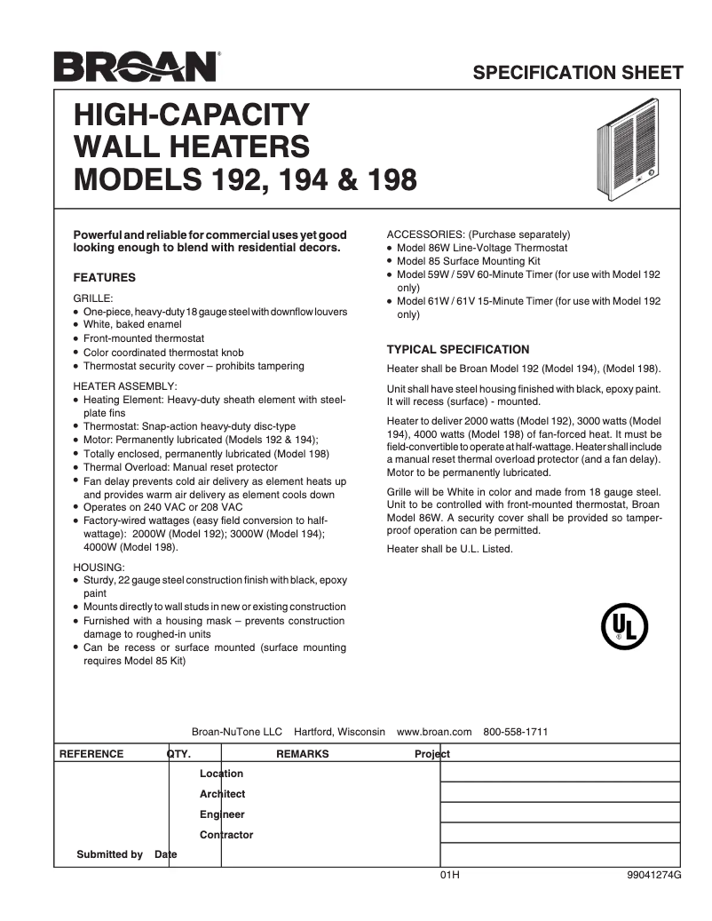 Page 1 de la notice Fiche technique Broan 198