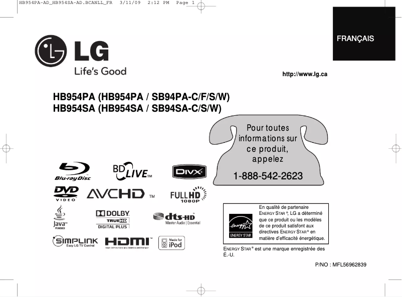 Page 1 de la notice Manuel utilisateur LG HB954SA