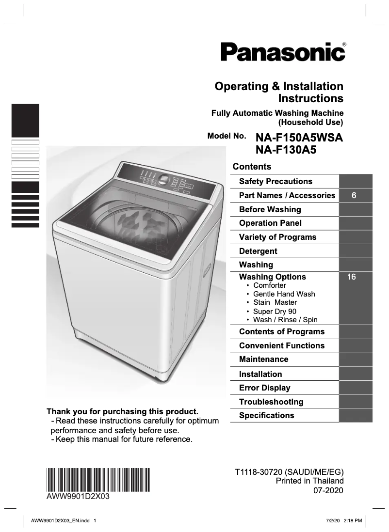 Page 1 de la notice Manuel utilisateur Panasonic NA-F150A5