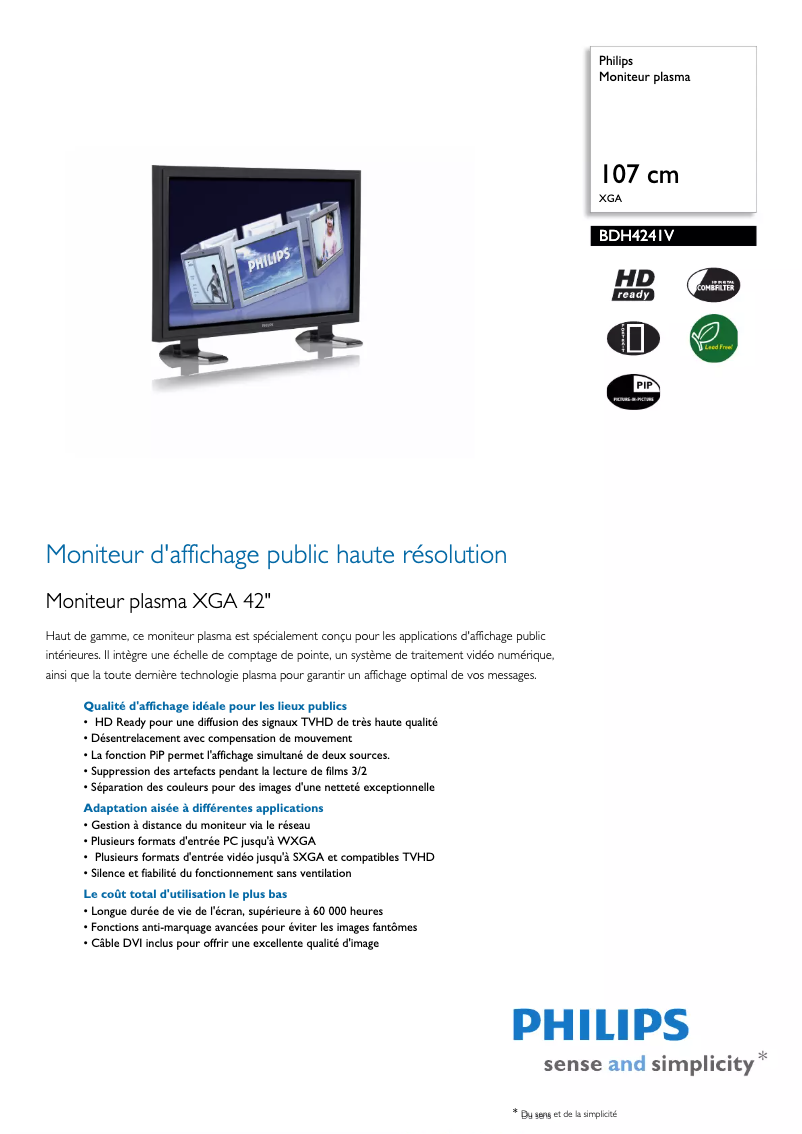 Page 1 de la notice Fiche technique Philips BDH4241V