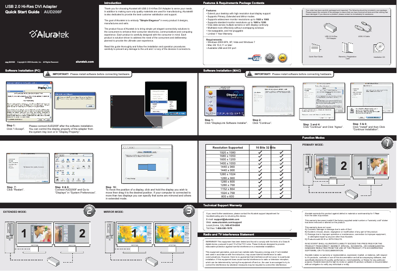 Page 1 de la notice Manuel utilisateur Aluratek AUD200F