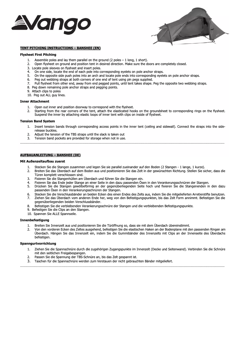 Page 1 de la notice Manuel utilisateur Vango Banshee Pro 300