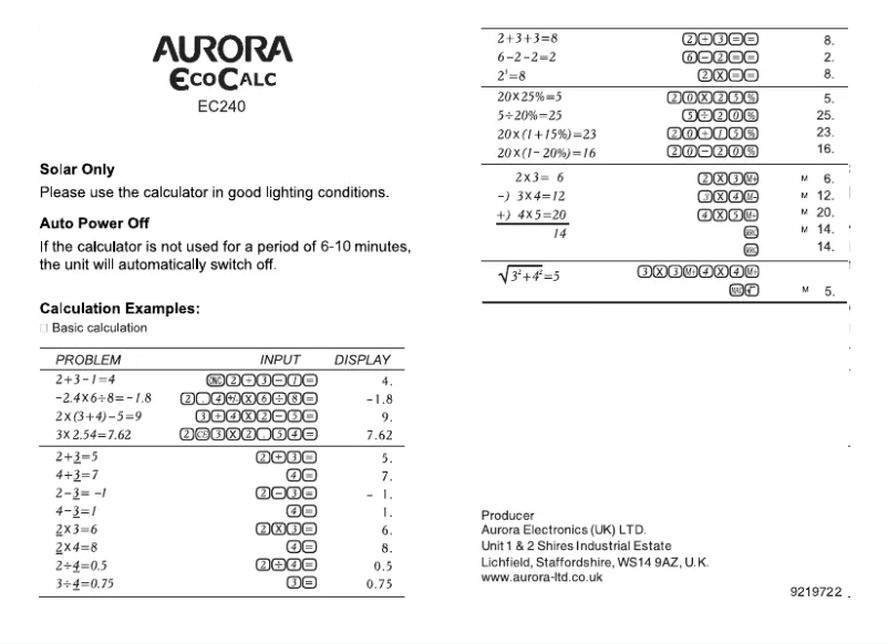 Page n°1 - Manuel utilisateur Aurora EC240