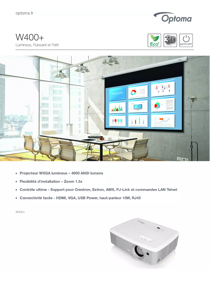 Page 1 de la notice Fiche technique Optoma W400+