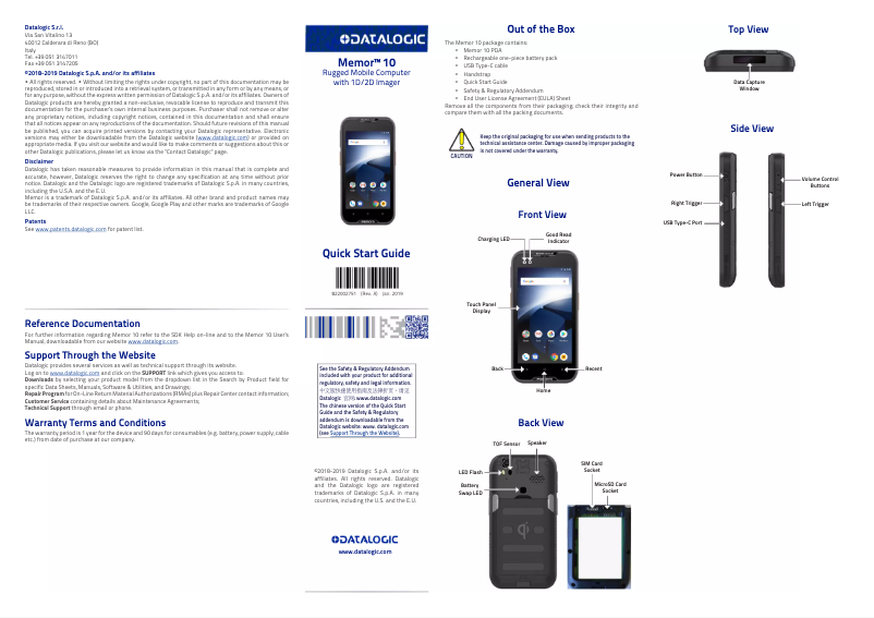 Page 1 de la notice Manuel utilisateur Datalogic Memor 10 Healthcare