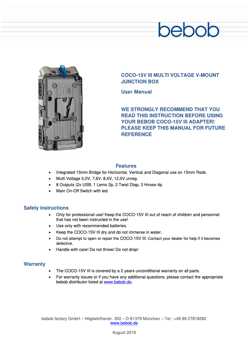 Page 1 de la notice Manuel utilisateur Bebob COCO-15V III