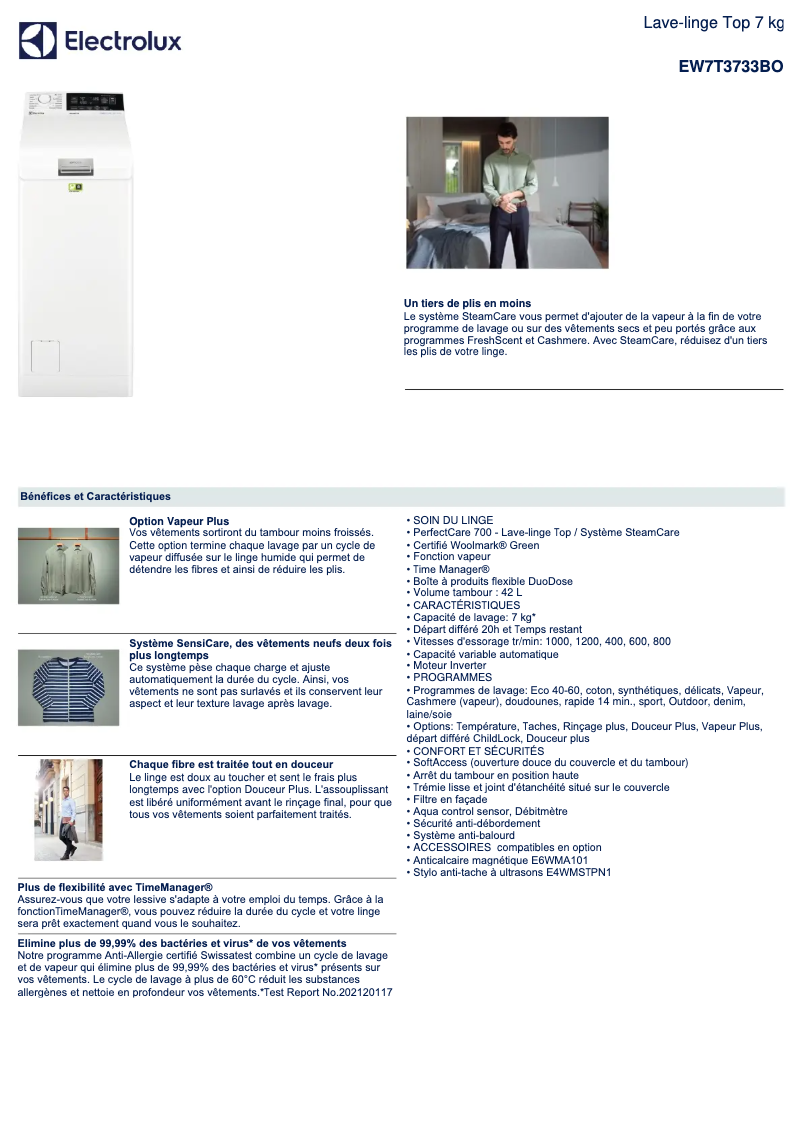 Page n°1 - Fiche technique Electrolux EW7T3733BO