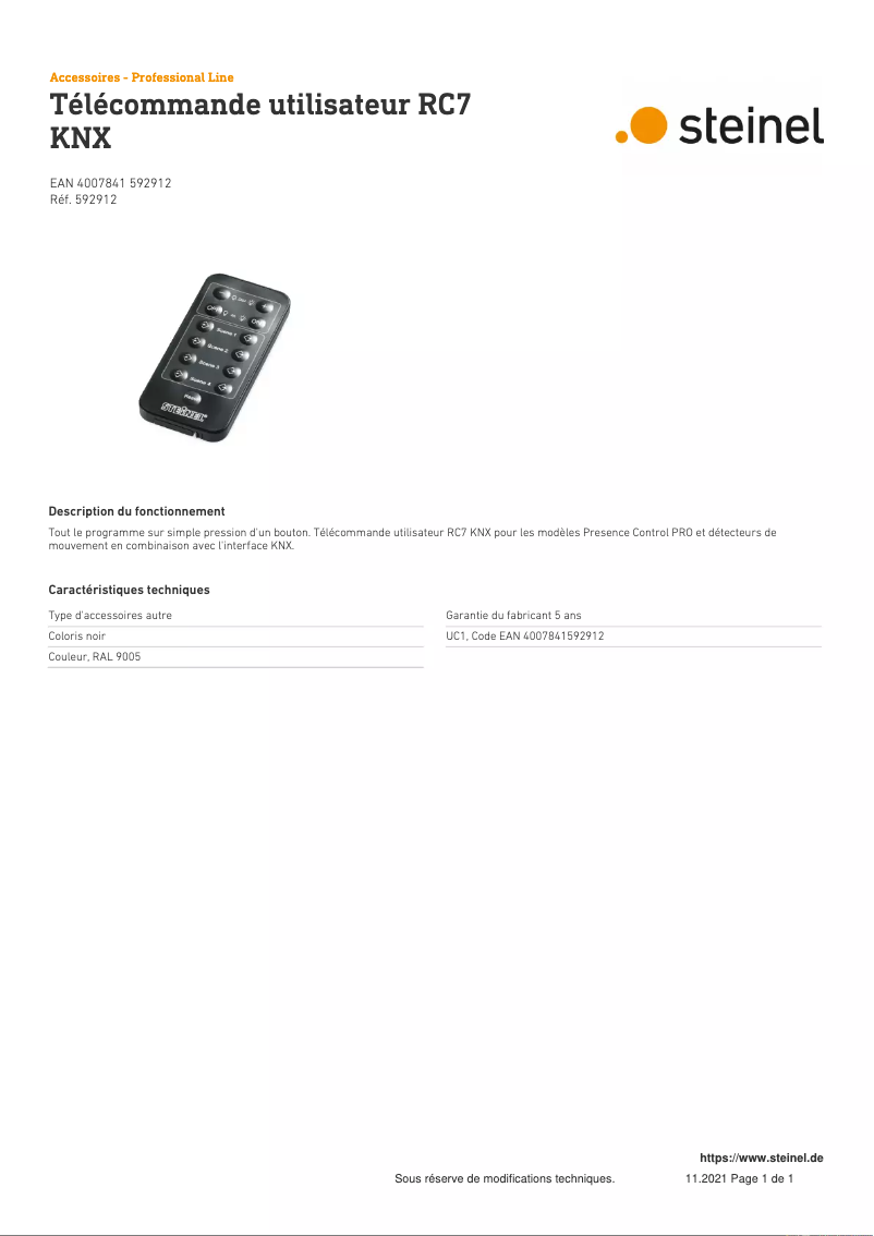 Page 1 de la notice Fiche technique Steinel RC7 KNX
