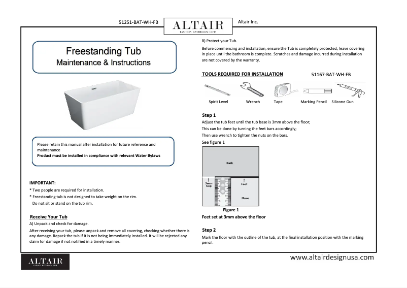 Page 1 de la notice Manuel utilisateur Altair Regina 51251-BAT-WH-FB