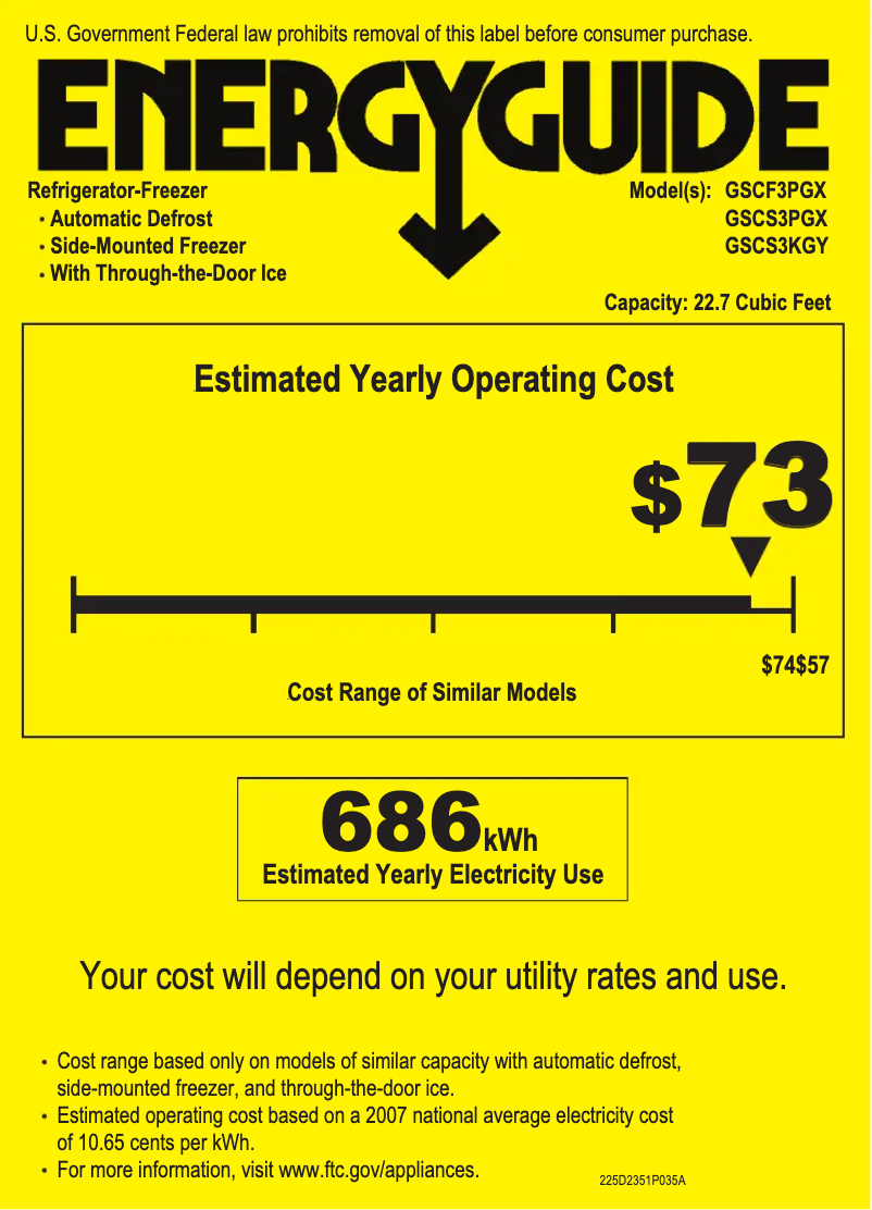Page 1 de la notice Label énergétique GE GSCS3KGYSS