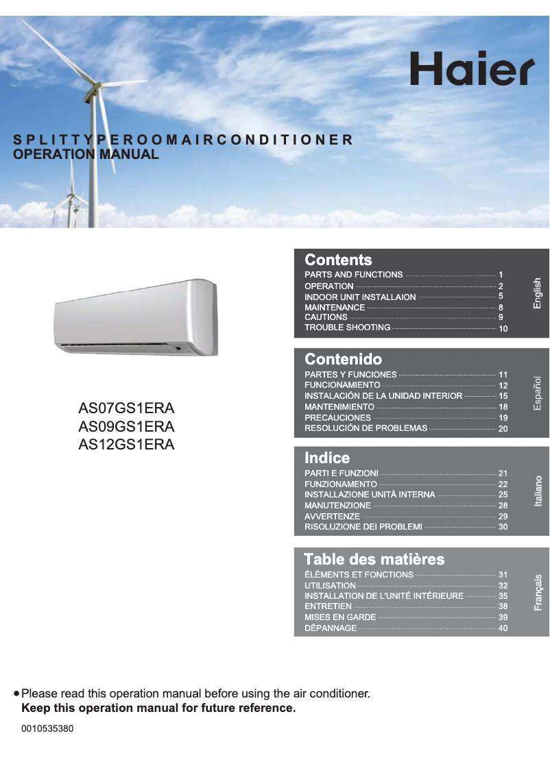 Page 1 de la notice Manuel utilisateur Haier AS07GS1ERA