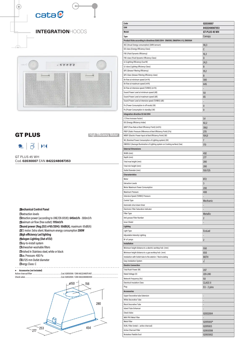 Page 1 de la notice Fiche technique CATA GT PLUS 45WH