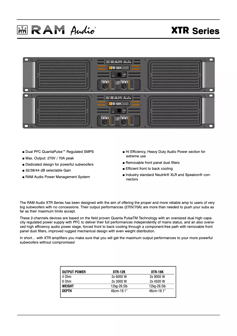 Page 1 de la notice Fiche technique Ram Audio XTR-12K
